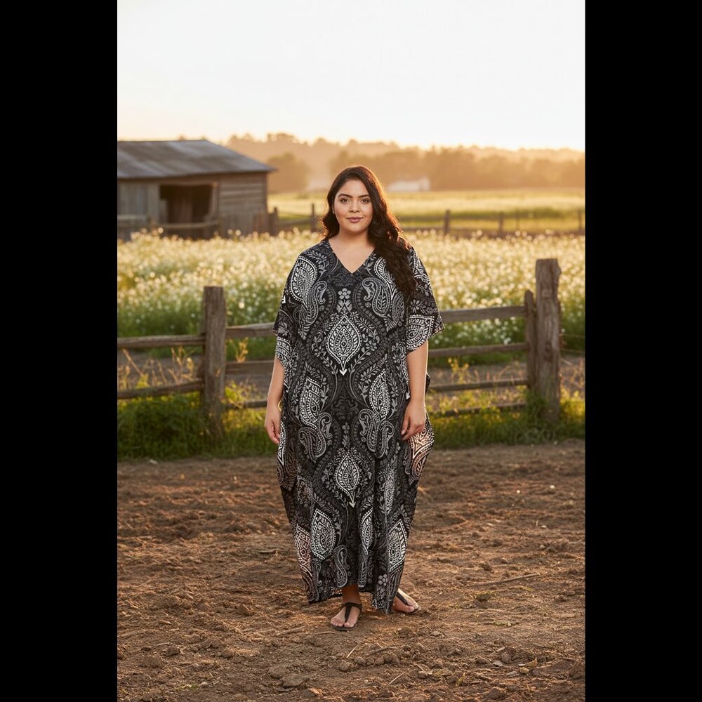 Gypsie Blu Women Caftan Dress Paisley Print Maxi Cover-Up for Beach Evening Gown